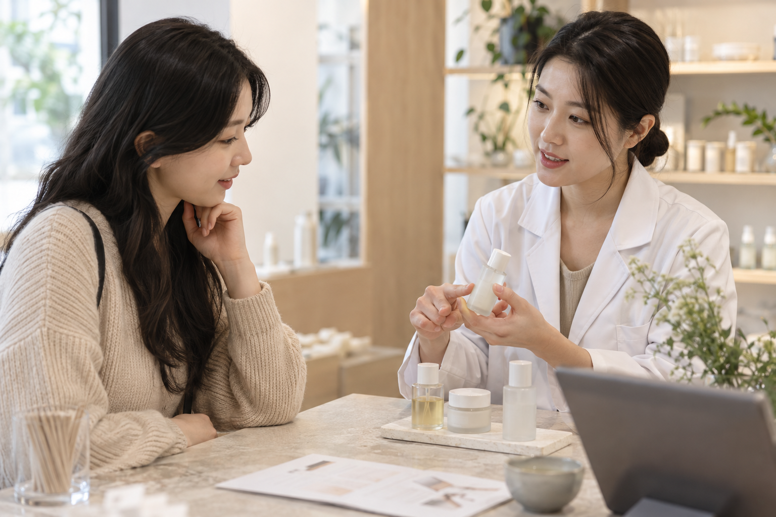 화장품 상담 자리에서 용기와 안내 자료를 확인하는 소비자